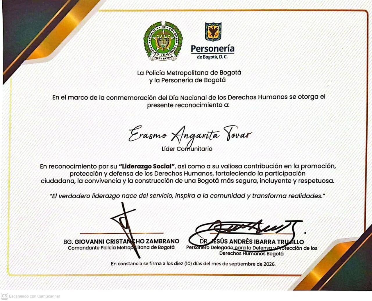 Diploma otorgado el 10 de septiembre de 2026 por la Policía Metropolitana de Bogotá y la Personería de Bogotá a Erasmo Angarita Tovar